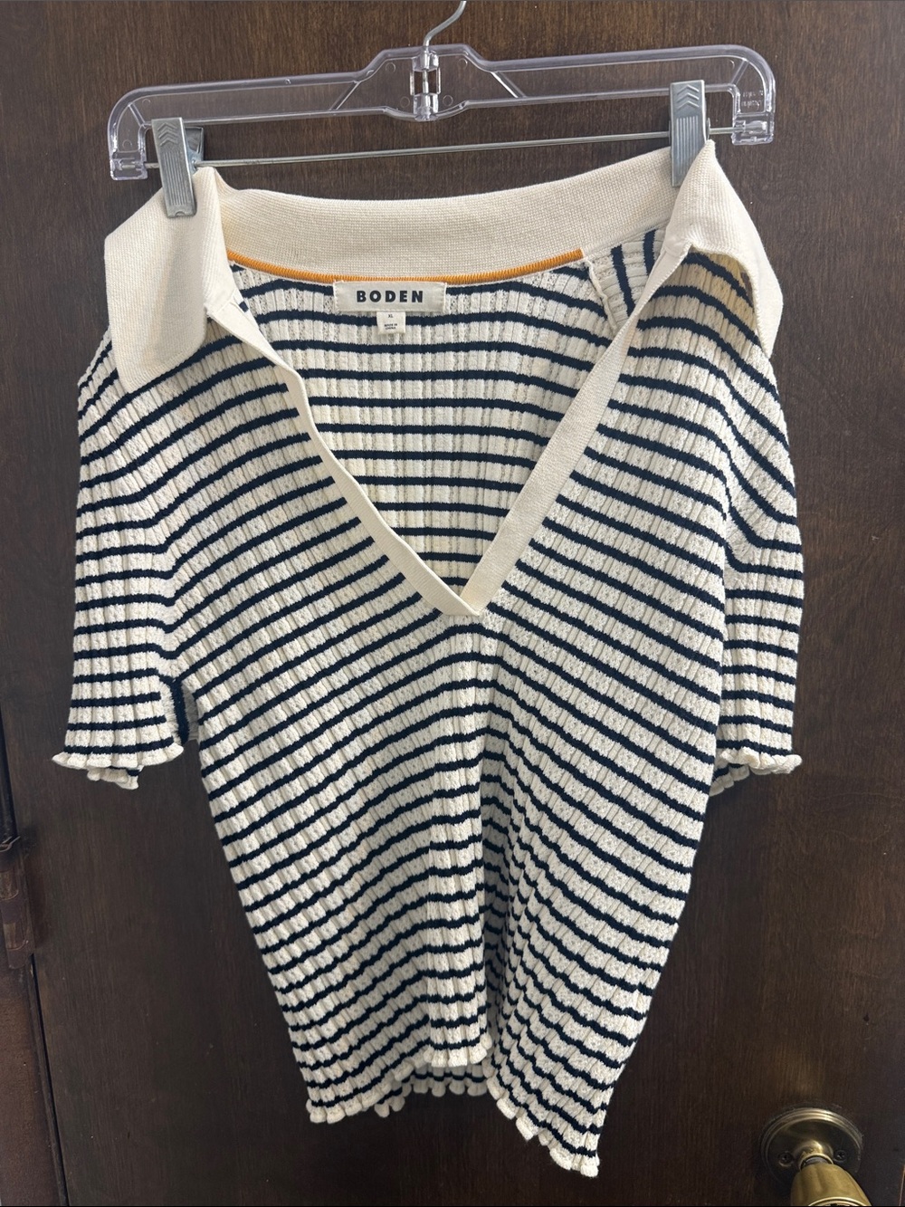 Boden Cream and Navy Striped V-Neck Polo Sweater